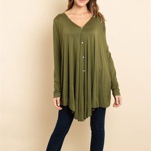 LOVE BRAND LARGE Olive Long sleeve V-neck button front Hi-Lo Tunic Top